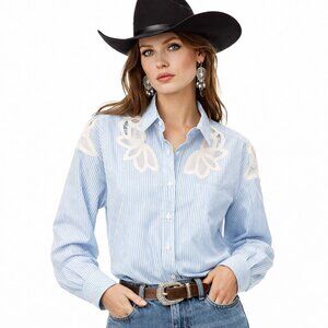 Annie Designs Western Lace Appliqué Striped Button Down Prairie Boho M